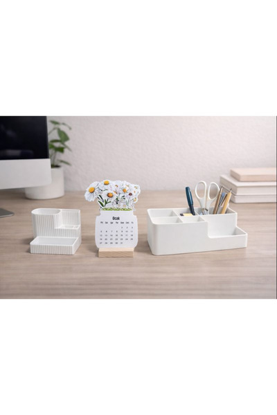 MirayDesign Minimal White Desk Organizer Set – Pen Holder, Phone Stand, and Desk Calendar with Wooden Legs