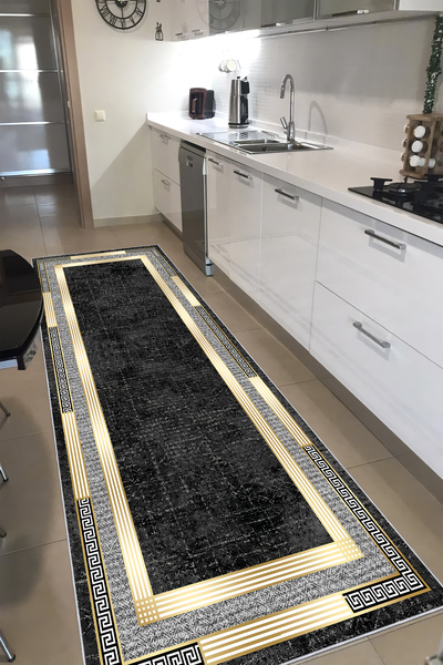 CENTER AVM Siyah Halı Mutfak Halısı Makinede Yıkanabilir Halı Kaymaz Taban Halı