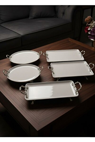DECOSTYLE 5 Piece Porcelain Serving Set with Handles Silver Detail