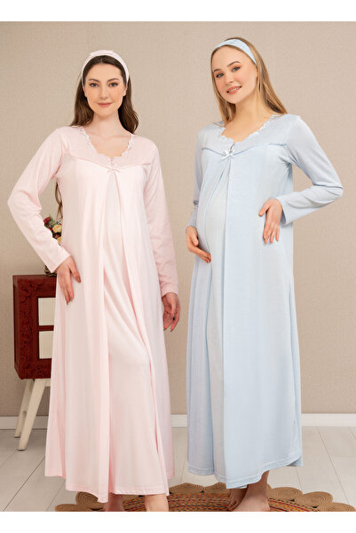 Baha Tesettüre Uygun Yakası Dantelli Önden Pileli Uzun Kollu Lohusa Gecelik