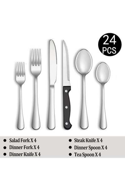 LIXADA 24-Piece Stainless Steel Salad Fork Dinner Fork Dinner Knife Steak Kni...