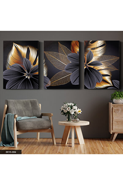 Evinemoda Frunză aurie și floare gri, pânză în 3 piese - Tablou pe pânză