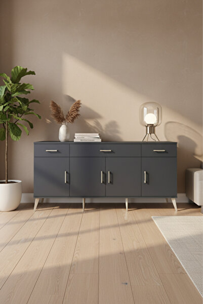 EnTrendMobilya Aura Konsol - 3 Raflı, 3 Çekmeceli, 4 Kapaklı Antrasit Şıklık