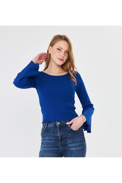 Avones Women's Wide Round Neck Bebe Overlock Detailed Ribbed Knit Long Sleeve Blouse