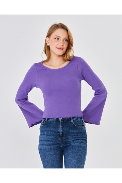 Avones Women's Wide Round Neck Bebe Overlock Detailed Ribbed Knit Long Sleeve...