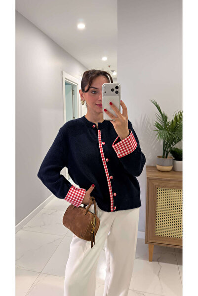 BİRCANÇİL Lunan Navy Blue Cardigan with Gingham Detail