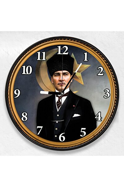EMYA HOME 3D Kalpaklı Atatürk Kanvas Duvar Saati - 30 cm