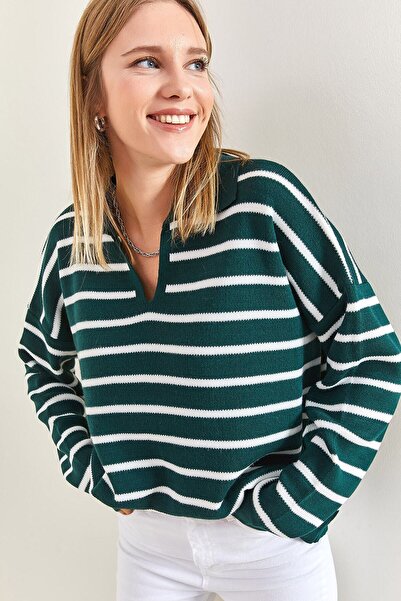 LocaMz Women's Polo Neck Striped Oversize Knitwear Sweater