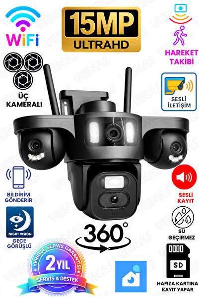 Venas Üç Kameralı Wifi Gece Görüşlü Hareket Takipli Güvenlik Kamerası