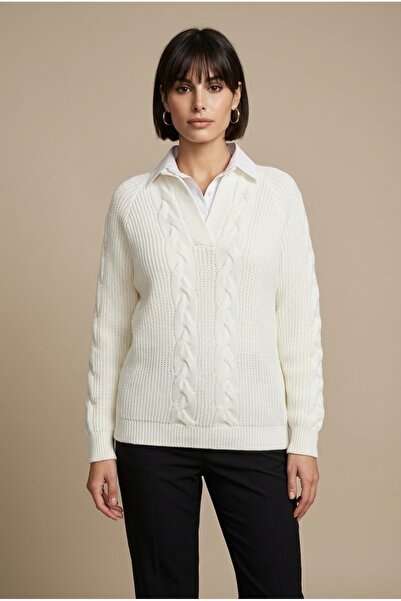 KARTON TRİKO Kadın Poplin Yakalı Saç Örgü Desenli Triko Kazak