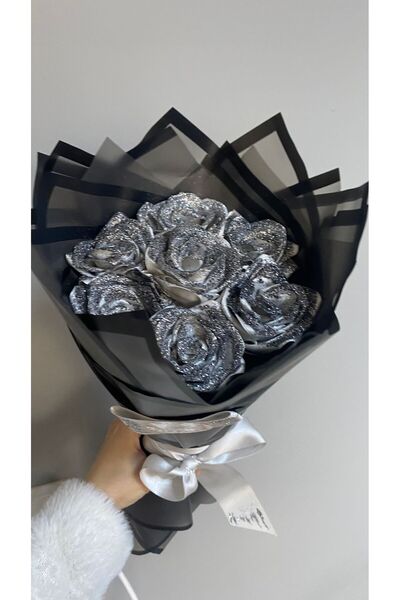 Buketim Seninle 7-Piece Gray Glitter Non-Fading Rose Bouquet, Satin Flower, G...