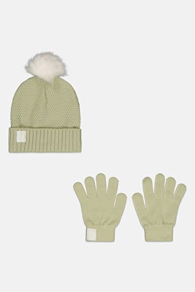 Dkny Jeans Kids Girl 2 Pcs Corchet Beanie And 1 Pair Gloves Set, Sage Green