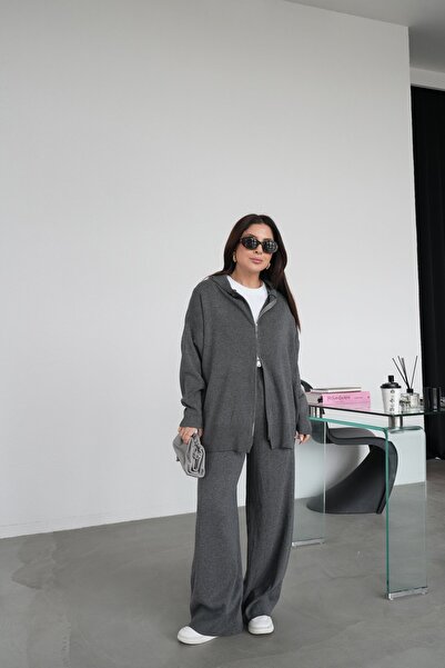 Özge Özgenç Hooded Oversized Knitwear Cardigan Pants Set