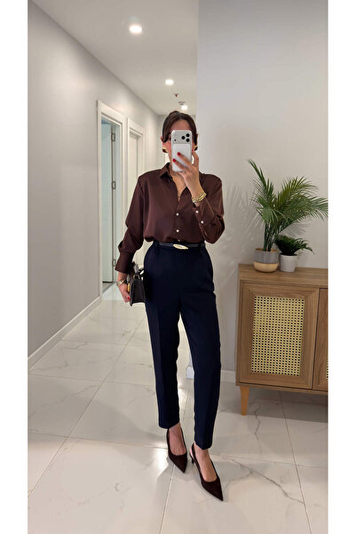 BİRCANÇİL Senkros Navy Blue Belted Carrot Pants