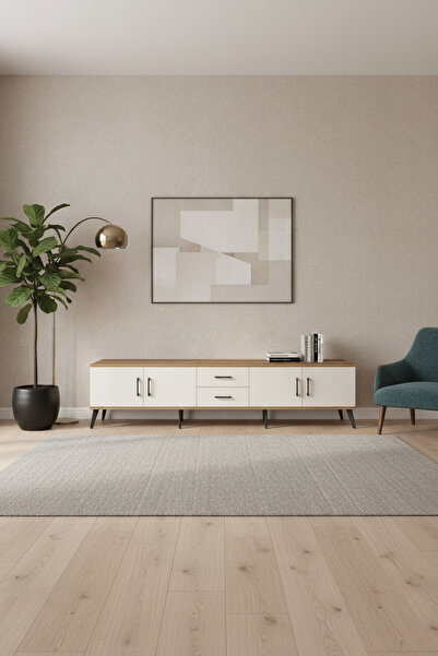 EnTrendMobilya Aura TV Ünitesi: 220cm Çam-Aytaşı | Raflı, Çekmeceli, Kapaklı ...