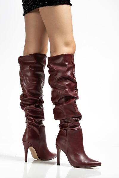 İnfon Ayakkabı Marketi Asyt-2003 Burgundy Leather Elegant Thin Heeled Bellows...