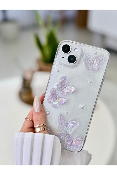 Go Aksesuar حافظة سيليكون متوافقة مع آيفون 14 بلس - 15 بلس بتصميم فراشة أرجوا...