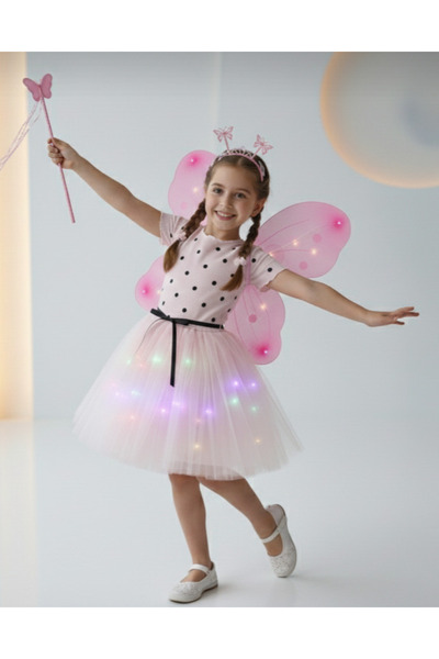 Beryka Işıklı Pembe Kelebek Kanat Seti - 4 Parça elbiseli