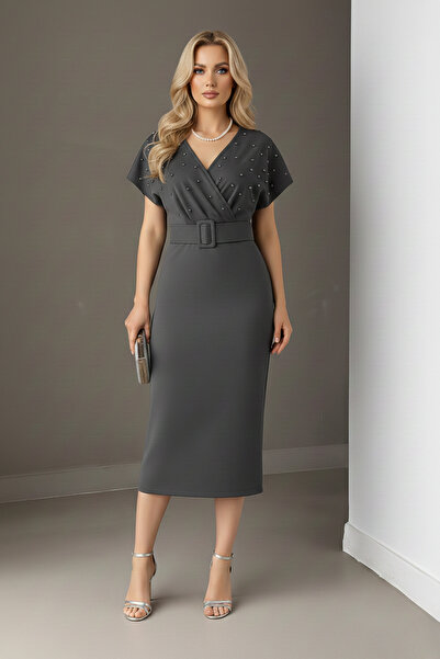 KHİ-ZAİ Women's Belted Scuba Fabric Pearl Detailed Dress