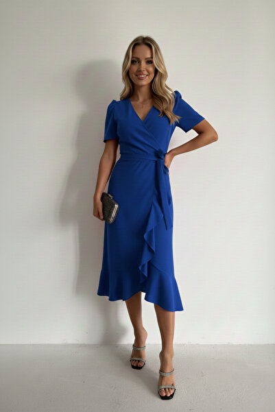 KHİ-ZAİ Women's Fabric Short Sleeve Belted Midi Dress