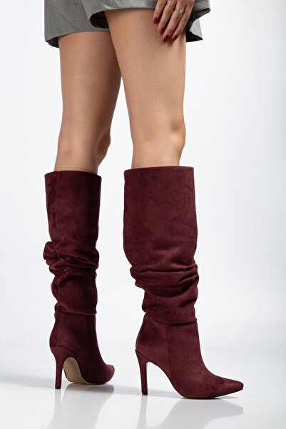 Zerenyus ZRİN-C-2003 Premium Bordo Süet Körüklü İnce Topuklu Günlük Kadın Çizme