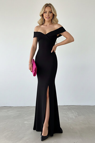 KHİ-ZAİ Women's Crepe Fabric Short Sleeve Boat Neck Slit Detail Maxi Length E...