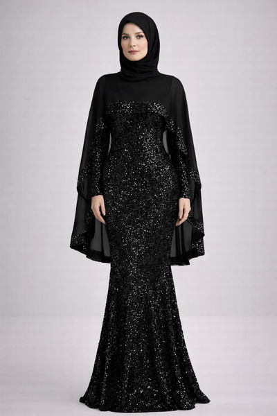 sweetyar Payet İşlemeli Pelerin Detaylı Uzun Abiye Elbise – Özel Gün Tesettür...