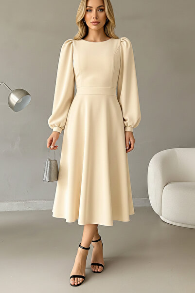 KHİ-ZAİ Women's Balloon Sleeve Midi Length Crew Neck Crepe Dress