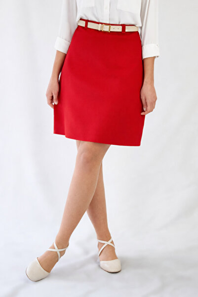 YAXİ talie înaltă din material tip stofă FUSTA ROȘUĂ LA LĂNĂ DE GENUNĂ