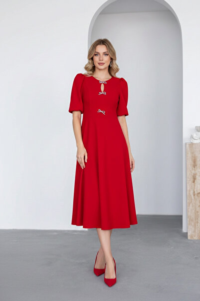 İntive Lingerie Women's Crepe Fabric Bow Detail Low-Cut Midi Dress