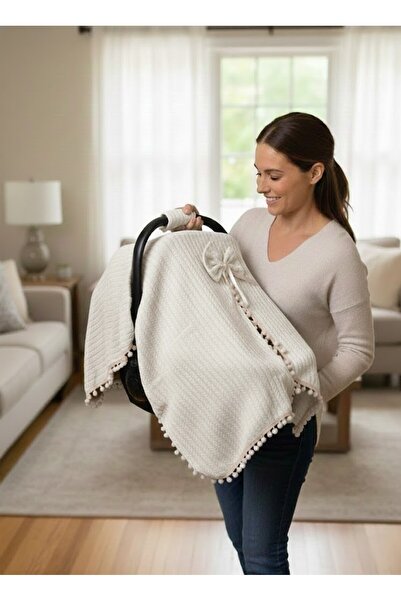 bebeciden Örgülü Keten Puset Örtüsü - Yeşil Renk Ponponlu Bebek Taşıma Örtüsü