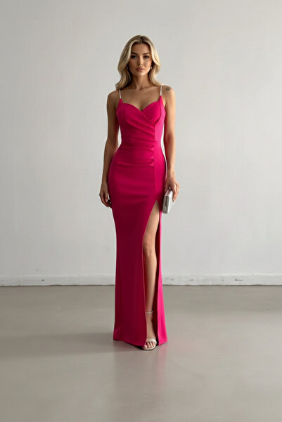 KHİ-ZAİ Women's Scuba Fabric Suspender Stone Detail Thin Strap Y Slit Evening...