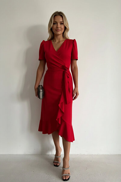 KHİ-ZAİ Women's Fabric Short Sleeve Belted Midi Dress