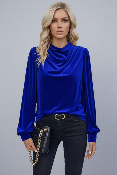 KHİ-ZAİ Women's Back Zipper Court Collar Look Cuffed Velvet Event Blouse
