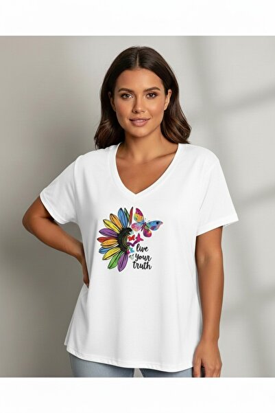 JENOLAN Tricou de damă cu decolteu în V, cu imprimeu floral cu fluturi, oversize