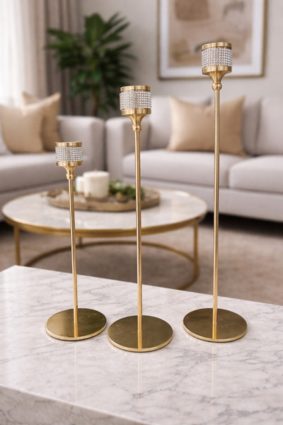 MİS KİTCHEN Lüks Gold Uzun Şamdan Seti 3’lü Set – Kristal Taşlı Dekoratif Mod...