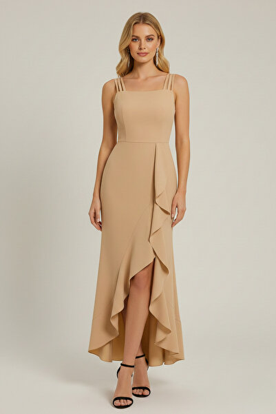 KHİ-ZAİ Women's Rope Strap Volan Detailed Long Y Slit Evening Dress