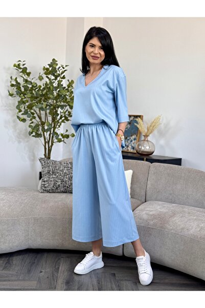 RAMONA BADESCU EXCLUSIVE Casual blue set with oversized blouse and culottes p...