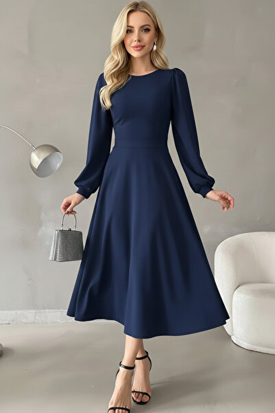İntive Lingerie Women's Balloon Sleeve Midi Length Crew Neck Crepe Dress