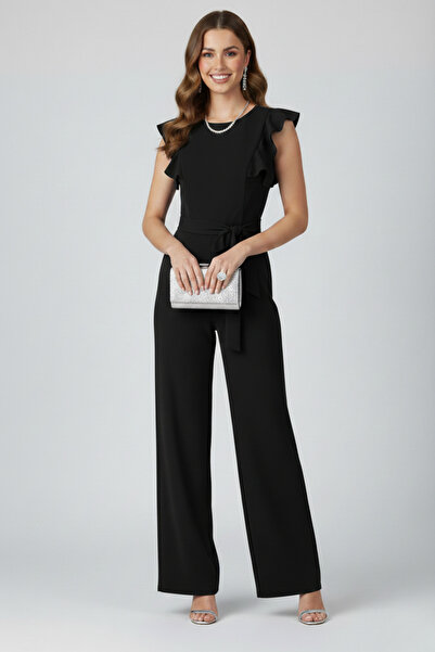 KHİ-ZAİ Women's Crepe Fabric Sleeves with Ruffle Detail Belted Jumpsuit