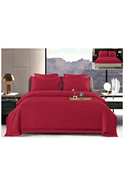 trendyhome Bed Linen, Satin Cotton, 6 Pieces, Plain, Red, PT13690-Elastic