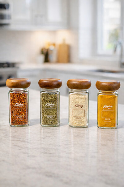 Kitchen Way Glass Spice Set with Acacia Lid Mushroom Square Glass Jar Kw-1184