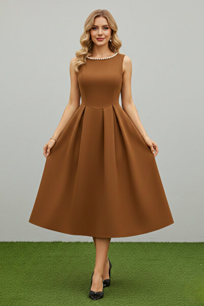 İntive Lingerie Women's Pearl Detailed A-Line Sleeveless Backless Scuba Fabri...