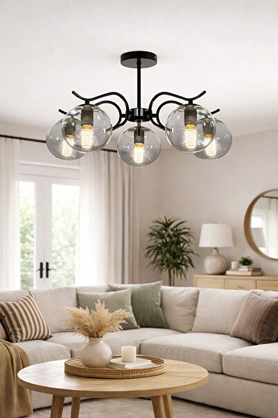 ESSLİGHT Lavin 5’li füme glob camlı modern salon, mutfak yatak odası avizesi