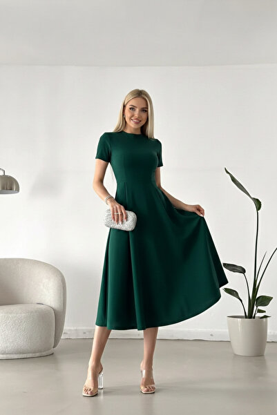 KHİ-ZAİ Women's Short Sleeve Pocket Long Crepe Fabric Dress