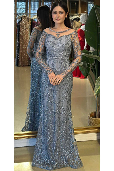 Abiyeniall Gri Yuvarlak Yaka Uzun Kollu Düz Kesim Simli Uzun Abiye Elbise 110...