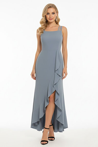 KHİ-ZAİ Women's Rope Strap Volan Detailed Long Y Slit Evening Dress