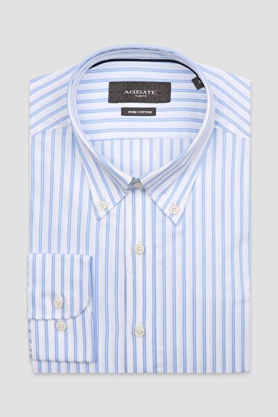 Abbate Carlo Twill Pamuklu Slim Fit Açık Mavi Düğmeli Yaka Erkek Çizgili Gömlek