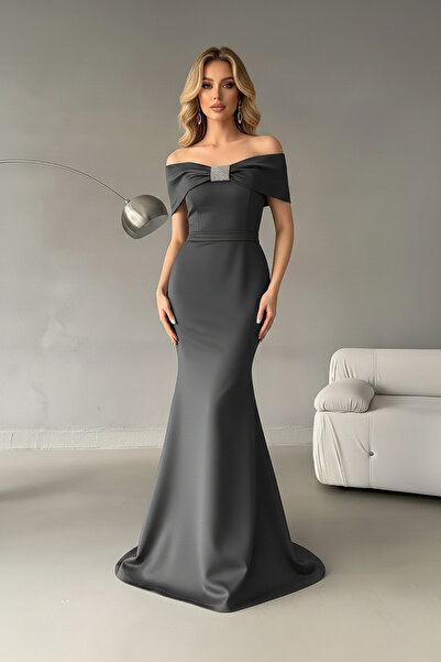 KHİ-ZAİ Madonna Collar Stone Detail Maxi Length Scuba Fabric Fish Evening Dress