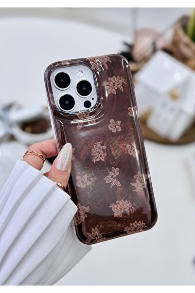 Go Aksesuar iPhone 14 Promax Compatible Shine Brown Flower Print Silicone Cas...